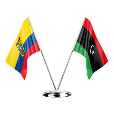 Two table flags isolated on white background 3d illustration, ecuador and libya