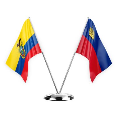 Two table flags isolated on white background 3d illustration, ecuador and liechtenstein