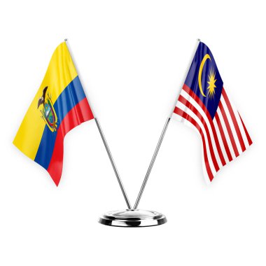 Two table flags isolated on white background 3d illustration, ecuador and malaysia