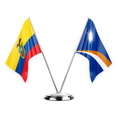 Two table flags isolated on white background 3d illustration, ecuador and marshall islands