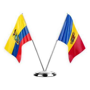 Two table flags isolated on white background 3d illustration, ecuador and moldova