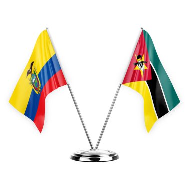 Two table flags isolated on white background 3d illustration, ecuador and mozambique