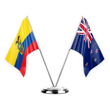 Two table flags isolated on white background 3d illustration, ecuador and new zealand