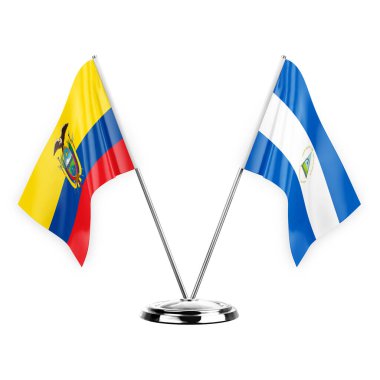Two table flags isolated on white background 3d illustration, ecuador and nicaragua