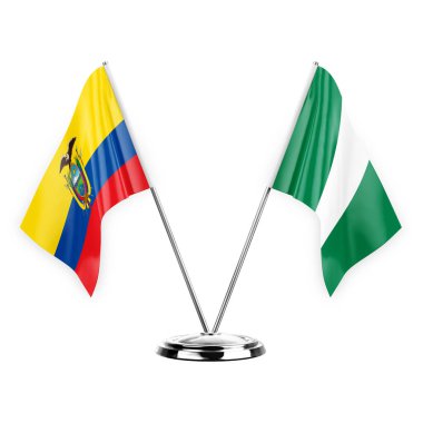 Two table flags isolated on white background 3d illustration, ecuador and nigeria