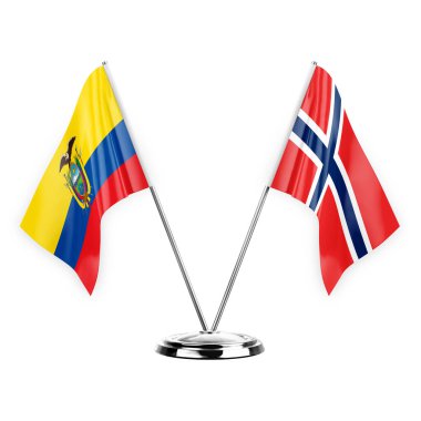 Two table flags isolated on white background 3d illustration, ecuador and norway