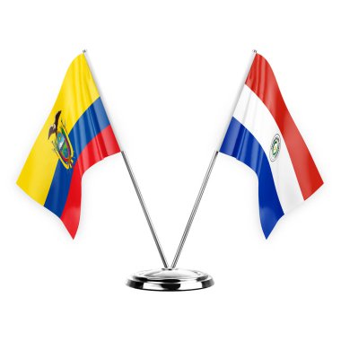 Two table flags isolated on white background 3d illustration, ecuador and paraguay