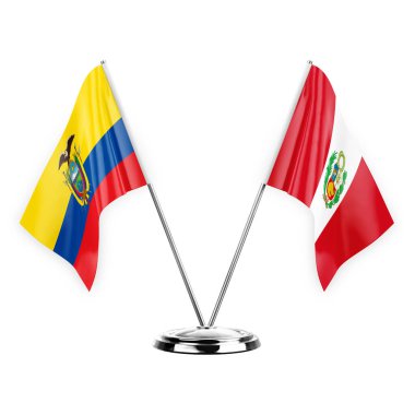 Two table flags isolated on white background 3d illustration, ecuador and peru