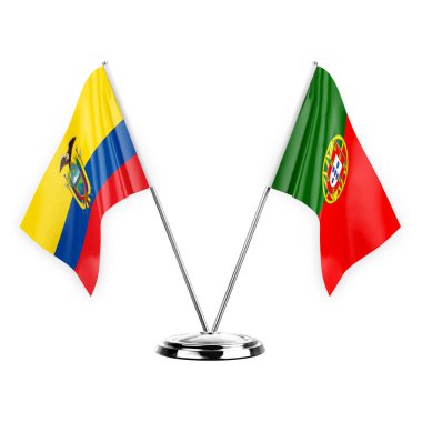 Two table flags isolated on white background 3d illustration, ecuador and portugal