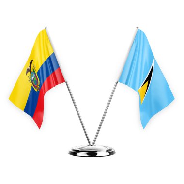 Two table flags isolated on white background 3d illustration, ecuador and saint lucia