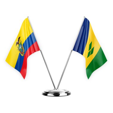 Two table flags isolated on white background 3d illustration, ecuador and saint vincent and the grenadines