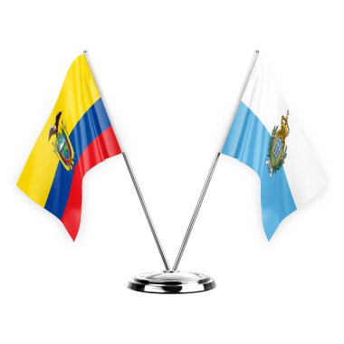 Two table flags isolated on white background 3d illustration, ecuador and san marino