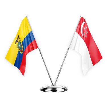 Two table flags isolated on white background 3d illustration, ecuador and singapore