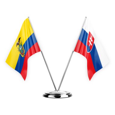 Two table flags isolated on white background 3d illustration, ecuador and slovakia