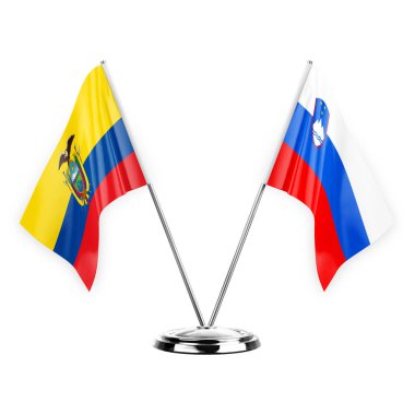 Two table flags isolated on white background 3d illustration, ecuador and slovenia
