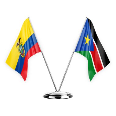 Two table flags isolated on white background 3d illustration, ecuador and south sudan
