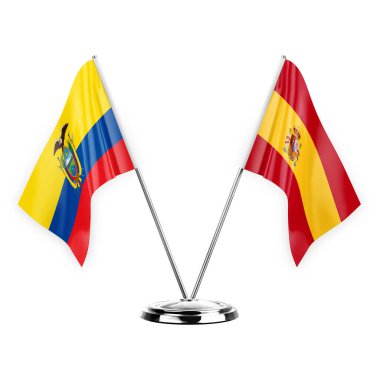 Two table flags isolated on white background 3d illustration, ecuador and spain