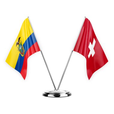 Two table flags isolated on white background 3d illustration, ecuador and switzerland