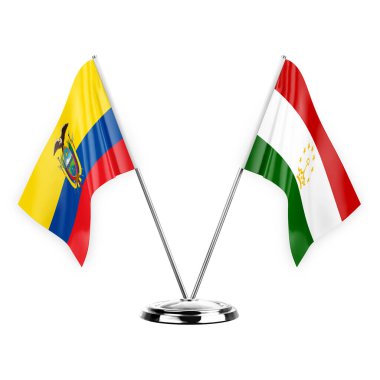 Two table flags isolated on white background 3d illustration, ecuador and tajikistan