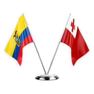 Two table flags isolated on white background 3d illustration, ecuador and tonga