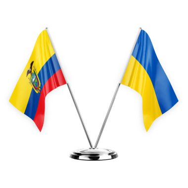 Two table flags isolated on white background 3d illustration, ecuador and ukraine