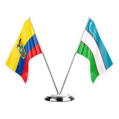 Two table flags isolated on white background 3d illustration, ecuador and uzbekistan