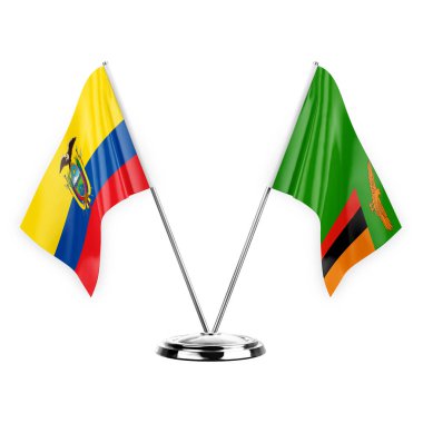Two table flags isolated on white background 3d illustration, ecuador and zambia