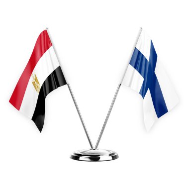 Two table flags isolated on white background 3d illustration, egypt and finland
