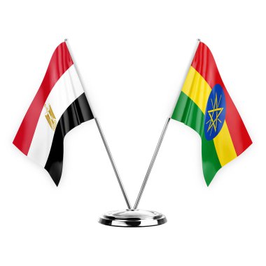 Two table flags isolated on white background 3d illustration, egypt and ethiopia