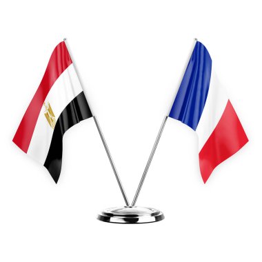 Two table flags isolated on white background 3d illustration, egypt and france