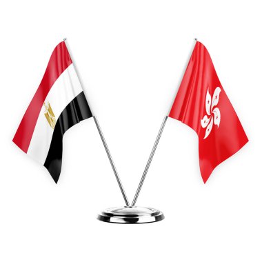 Two table flags isolated on white background 3d illustration, egypt and hong kong