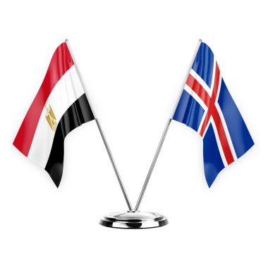 Two table flags isolated on white background 3d illustration, egypt and iceland