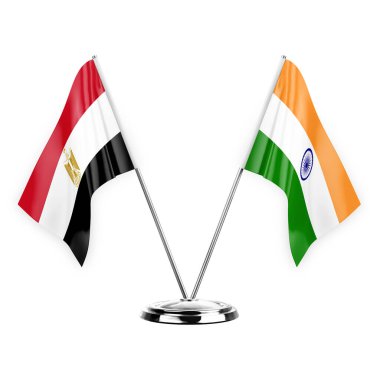 Two table flags isolated on white background 3d illustration, egypt and india
