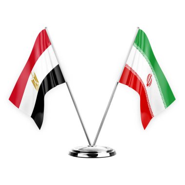 Two table flags isolated on white background 3d illustration, egypt and iran