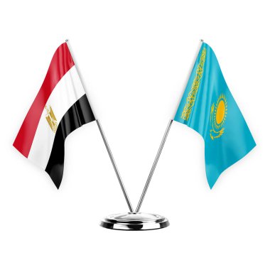 Two table flags isolated on white background 3d illustration, egypt and kazakhstan
