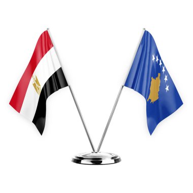 Two table flags isolated on white background 3d illustration, egypt and kosovo