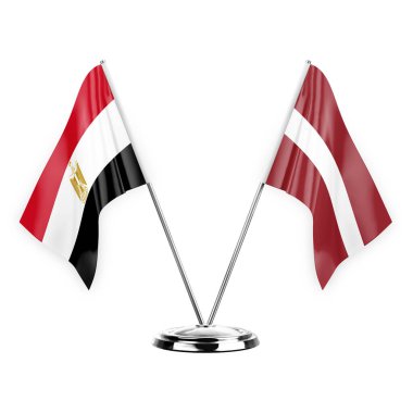Two table flags isolated on white background 3d illustration, egypt and latvia