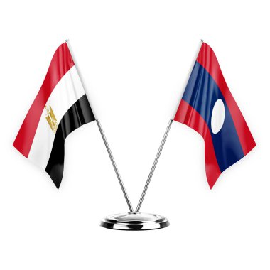 Two table flags isolated on white background 3d illustration, egypt and laos