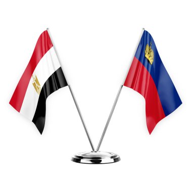 Two table flags isolated on white background 3d illustration, egypt and liechtenstein