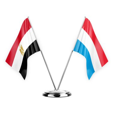 Two table flags isolated on white background 3d illustration, egypt and luxembourg