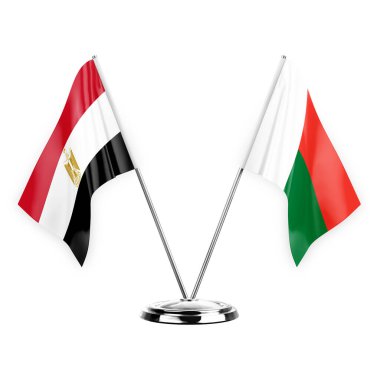 Two table flags isolated on white background 3d illustration, egypt and madagascar