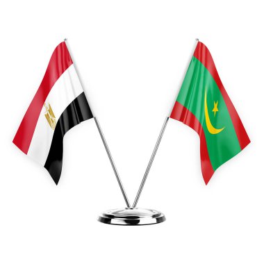 Two table flags isolated on white background 3d illustration, egypt and mauritania
