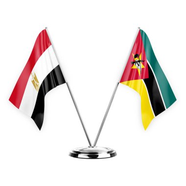 Two table flags isolated on white background 3d illustration, egypt and mozambique