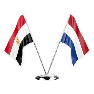 Two table flags isolated on white background 3d illustration, egypt and netherlands