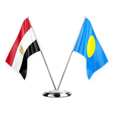 Two table flags isolated on white background 3d illustration, egypt and palau