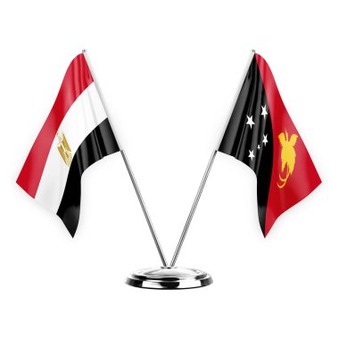 Two table flags isolated on white background 3d illustration, egypt and papua new guinea