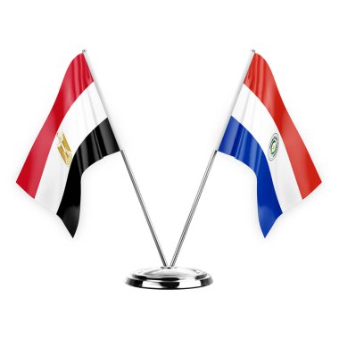Two table flags isolated on white background 3d illustration, egypt and paraguay