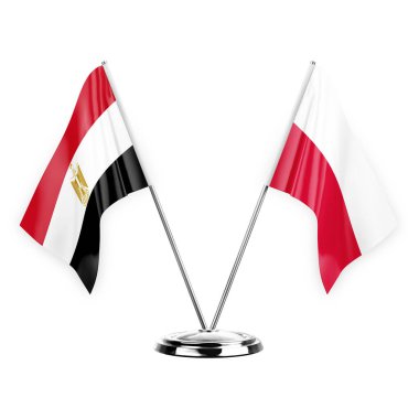 Two table flags isolated on white background 3d illustration, egypt and poland