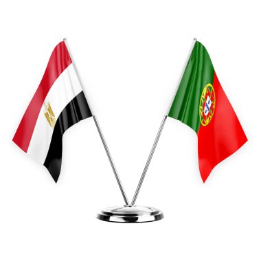 Two table flags isolated on white background 3d illustration, egypt and portugal