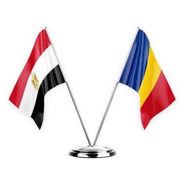 Two table flags isolated on white background 3d illustration, egypt and romania